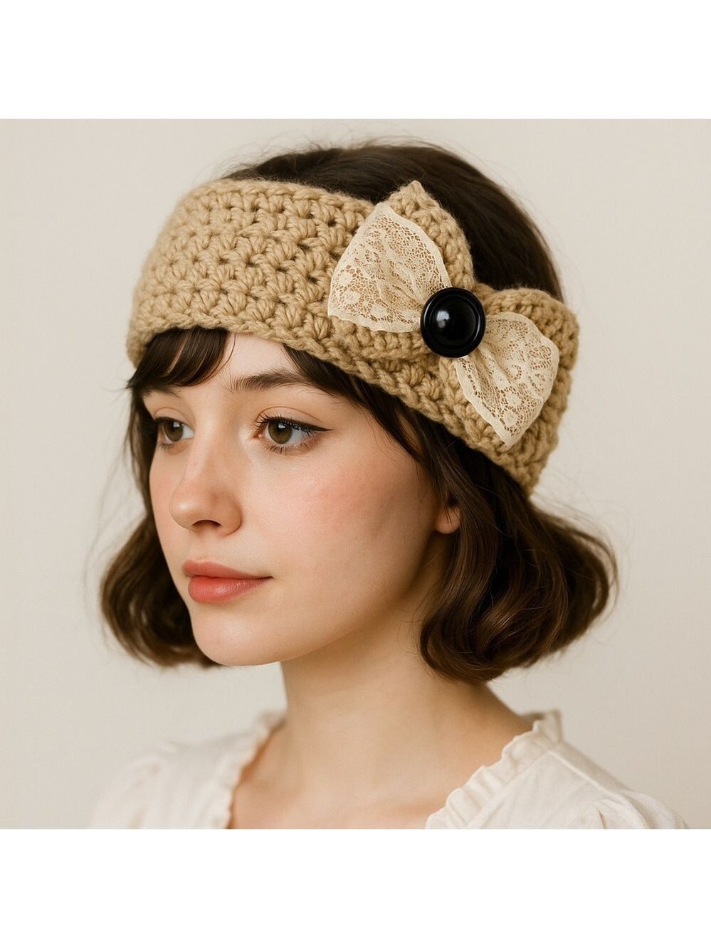Handcrafted Crochet Beige Headband With Lace Bow & Button Accent
